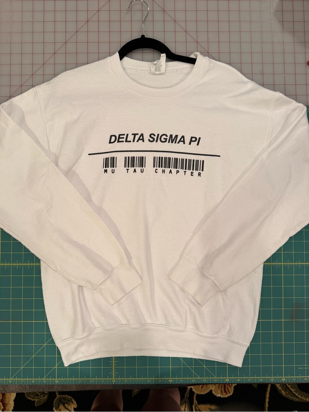Gildan White Crewneck Sweatshirt with Delta Sigma Pi Barcode Graphic